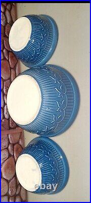 3-vintage Monmouth USA 1- 8 & 2-6blue Mixing Bowl Maple Leaf Pottery-stoneware