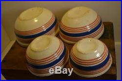 4 Early Nesting Bowls 7 Band Blue & Red Pottery Vintage Early Made