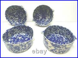 4 VTG Bennington Pottery Vermont 1641 Blue Sponge Agate 5 Tab Handled Bowls