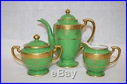 4pc Vintage Hand Painted Noritake Green/Gold Teapot, Creamer, Sugar Bowl, Japan