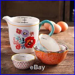 5 Pc Prep Set Measuring Cup & Bowls Ceramic Rustic Vintage Floral Baking Cooking