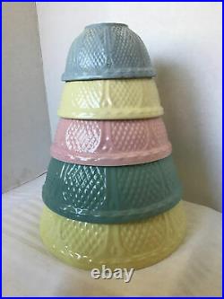 5 Pc Vintage Pastel Pink Blue Yellow Pottery Bowl Set Robinson Ransbottom