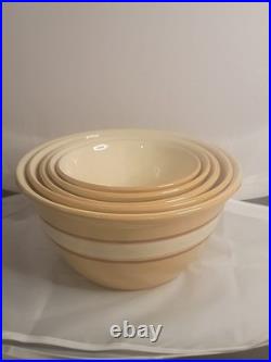 5 Piece Antique Yellowware Nesting Mixing Bowl Set Brown White Banded Immaculate