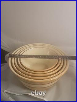 5 Piece Antique Yellowware Nesting Mixing Bowl Set Brown White Banded Immaculate