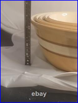 5 Piece Antique Yellowware Nesting Mixing Bowl Set Brown White Banded Immaculate