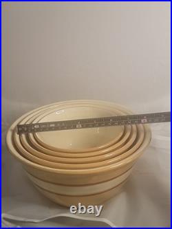 5 Piece Antique Yellowware Nesting Mixing Bowl Set Brown White Banded Immaculate