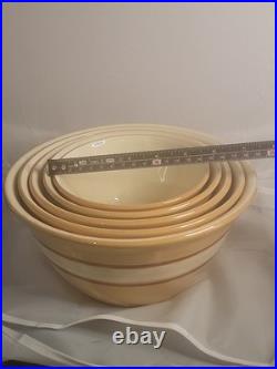 5 Piece Antique Yellowware Nesting Mixing Bowl Set Brown White Banded Immaculate