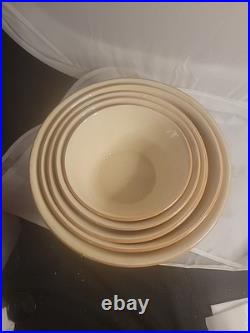 5 Piece Antique Yellowware Nesting Mixing Bowl Set Brown White Banded Immaculate