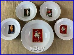 5 Piece Pottery Barn Vintage Posters Pasta Set Serving Bowl & Individual Bowls
