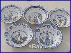 5 Vintage Pictorial Hand Painted Pottery Bowls Wall Hangers French / Spanish