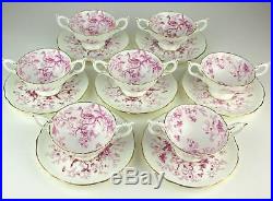 7 x Cream Soup Bowls + Saucers Coalport Cairo Pink vintage insects birds England