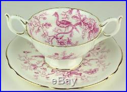 7 x Cream Soup Bowls + Saucers Coalport Cairo Pink vintage insects birds England