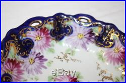 7pc Vtg HandPainted Pink/Purple Floral, Cobalt/Gold Trim Pierced BERRY BOWLS Set