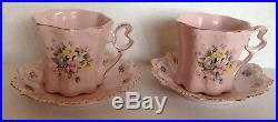9PCS NEW Vintage H&C Czechoslovakia Hand Painted Rosa Pink Tea Cups Tea set 24K