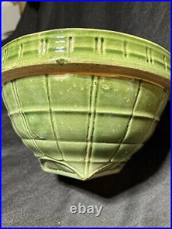ANTIQUE MCCOY GREEN SQUARE YELLOW WARE POTTERY MIXING BOWL 9.5 X 5.5 Primitive