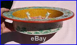 AQUARIUM antique chinese pottery bird bowl vtg famille rose porcelain turtle art