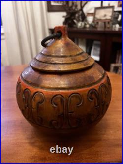 Alvino Bagni Orange Brown Autumn Sunset Pottery Bowl withLid MCM Italy