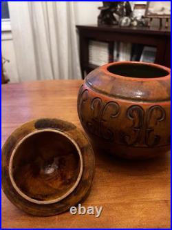 Alvino Bagni Orange Brown Autumn Sunset Pottery Bowl withLid MCM Italy