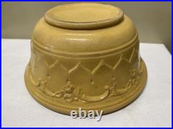 Antique 1900 Yellow Ware Pottery Mixing Batter Serving Bowl w Embossed Pattern