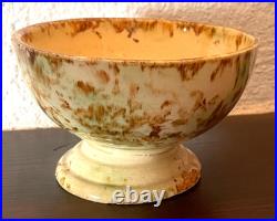 Antique 19th C Yellow ware Spongeware Footed Bowl Brown Spatter Pedestal
