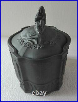 Antique English Black Basalt Porcelain Sugar Bowl Cloak Woman Finial