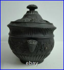 Antique English Black Basalt Porcelain Sugar Pot Floral Motifs