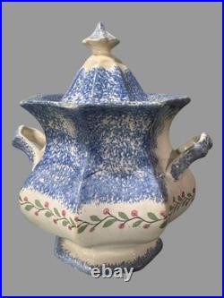 Antique English Spongeware Spatterware Decorated Covered Sugar Bowl with Handles
