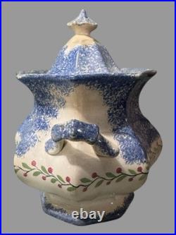 Antique English Spongeware Spatterware Decorated Covered Sugar Bowl with Handles