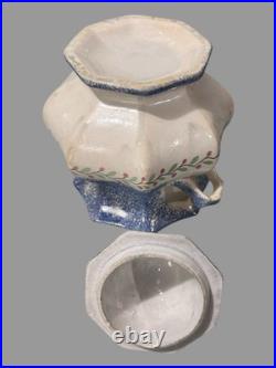 Antique English Spongeware Spatterware Decorated Covered Sugar Bowl with Handles