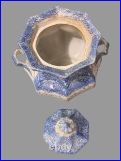 Antique English Spongeware Spatterware Decorated Covered Sugar Bowl with Handles