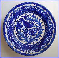 Antique Fajalauza Spanish Granada Cobalt Blue Bird Flowers Majolica Pottery Bowl