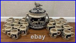 Antique German Wekara Stoneware Punch Bowl Set With 23 Mugs Hunting Theme