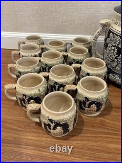 Antique German Wekara Stoneware Punch Bowl Set With 23 Mugs Hunting Theme Antique German Wekara Stoneware Punch Bowl Set With 23 Mugs Hunting Theme