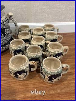 Antique German Wekara Stoneware Punch Bowl Set With 23 Mugs Hunting Theme Antique German Wekara Stoneware Punch Bowl Set With 23 Mugs Hunting Theme