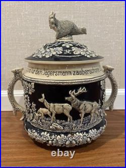 Antique German Wekara Stoneware Punch Bowl Set With 23 Mugs Hunting Theme Antique German Wekara Stoneware Punch Bowl Set With 23 Mugs Hunting Theme