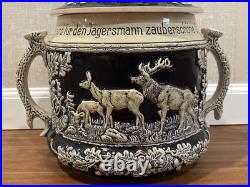 Antique German Wekara Stoneware Punch Bowl Set With 23 Mugs Hunting Theme