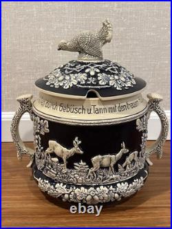 Antique German Wekara Stoneware Punch Bowl Set With 23 Mugs Hunting Theme