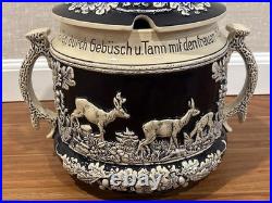 Antique German Wekara Stoneware Punch Bowl Set With 23 Mugs Hunting Theme