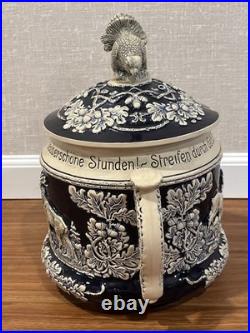 Antique German Wekara Stoneware Punch Bowl Set With 23 Mugs Hunting Theme