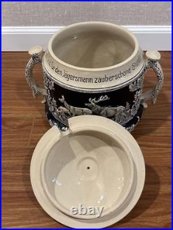 Antique German Wekara Stoneware Punch Bowl Set With 23 Mugs Hunting Theme