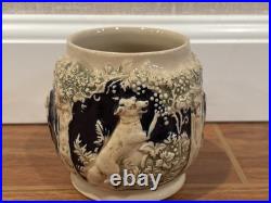 Antique German Wekara Stoneware Punch Bowl Set With 23 Mugs Hunting Theme