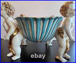 Antique Italian Porcelain Bowl Figural Cherub Legs Gold Gilt Blue Floral 14