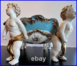 Antique Italian Porcelain Bowl Figural Cherub Legs Gold Gilt Blue Floral 14