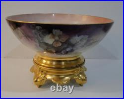 Antique Limoges T&V France Hand Painted 15 Diameter Punch Bowl & Plinth CHIP