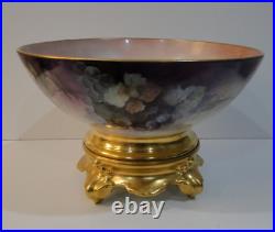 Antique Limoges T&V France Hand Painted 15 Diameter Punch Bowl & Plinth CHIP