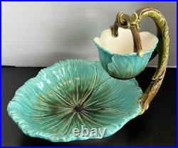 Antique Majolica Leaf Dish Bowl with hanging basket 2 piece