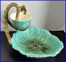 Antique Majolica Leaf Dish Bowl with hanging basket 2 piece