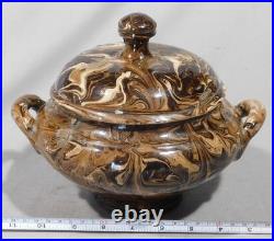 Antique Mocha Ware Covered Tureen Marbled Slipware Lidded Bowl 19th C aptware