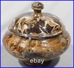 Antique Mocha Ware Covered Tureen Marbled Slipware Lidded Bowl 19th C aptware