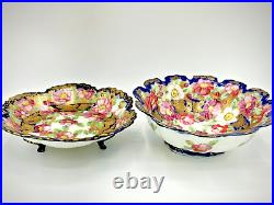 Antique Nippon Candy Dish & Serving Bowl Cobalt Hand Painted Cherry Blossoms 2pc